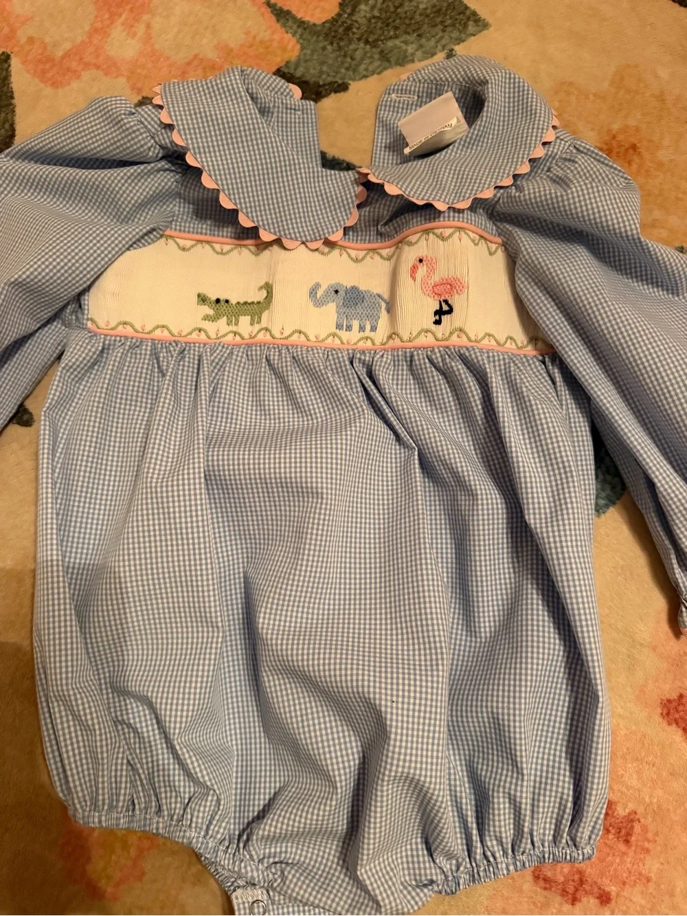 Blue Gingham Smocked Baby Bubble with Animal Motif